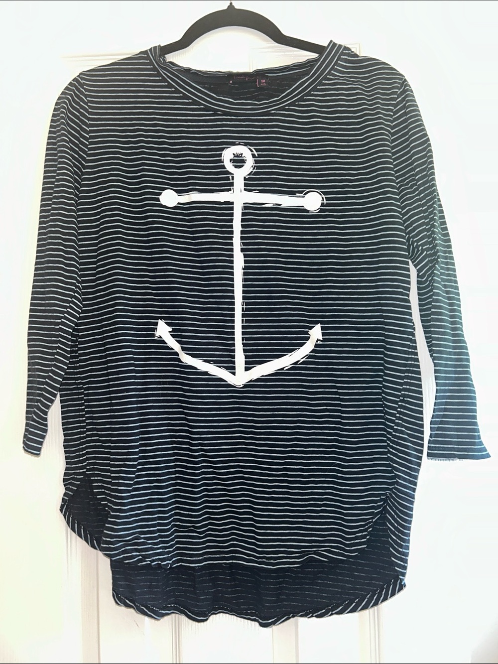 Fresh Produce Navy Gray Pinstripe Anchor 100% Cotton Henley Shirt Small